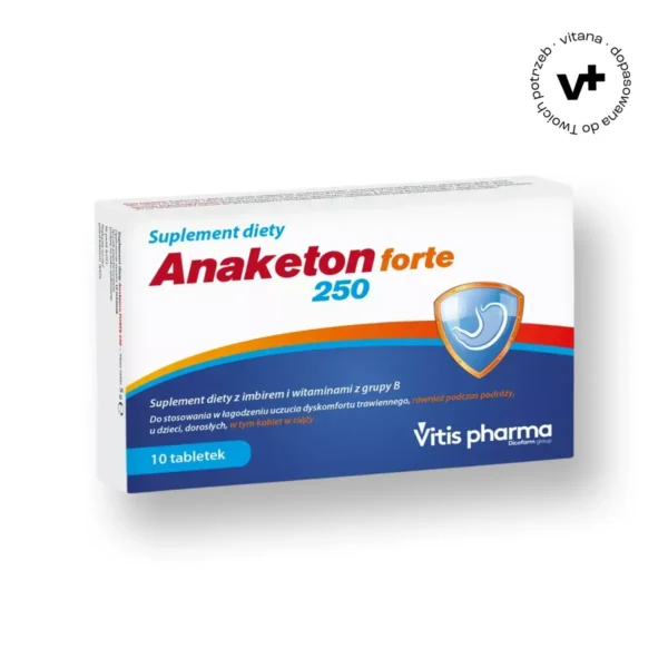 Anaketon Forte 250, 10 tabletek - suplement diety z imbirem i witaminami B wspierający układ pokarmowy i dobre samopoczucie