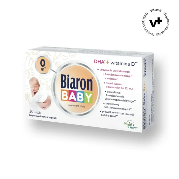 Bioaron Baby 0m+, dla dzieci od urodzenia, 30 kapsułek twist-off - wsparcie rozwoju mózgu, wzroku i kości u niemowląt.