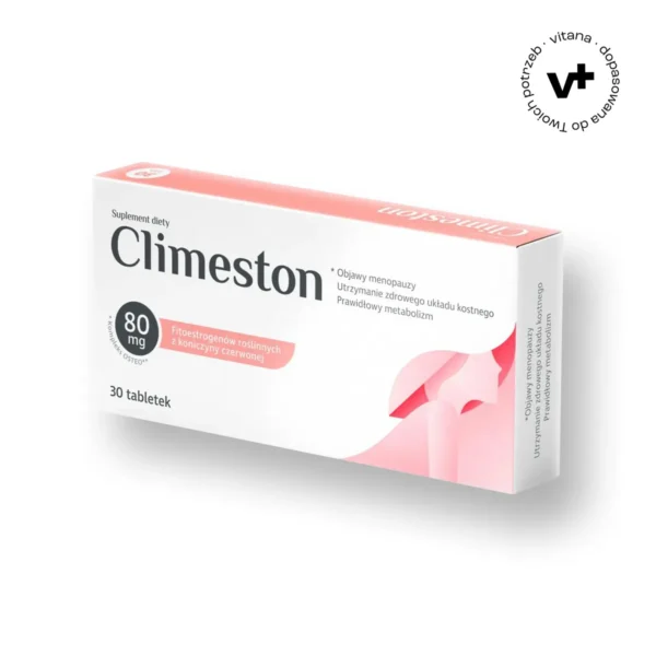 climeston-30-tabletek-powlekanych-ekstrakt-koniczyna-czerwona-witamina-d3-k2-wapn-menopauza Climeston, 30 tabletek powlekanych – suplement diety z ekstraktem z koniczyny czerwonej, witaminą D3, K2 i wapniem, wspierający kobiety w okresie menopauzy.