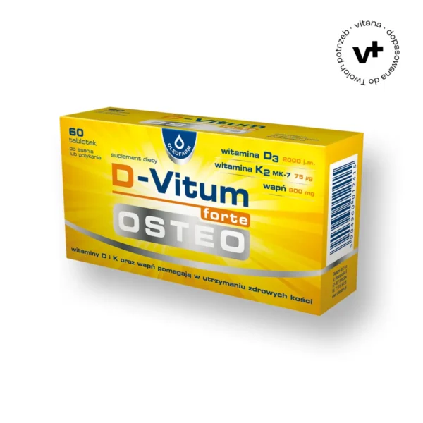 D-Vitum Forte Osteo - wysokodawkowana witamina D3 z wapniem i K2 MK-7 w formie tabletek do ssania lub połykania, wspierająca zdrowie kości dla kobiet 50+