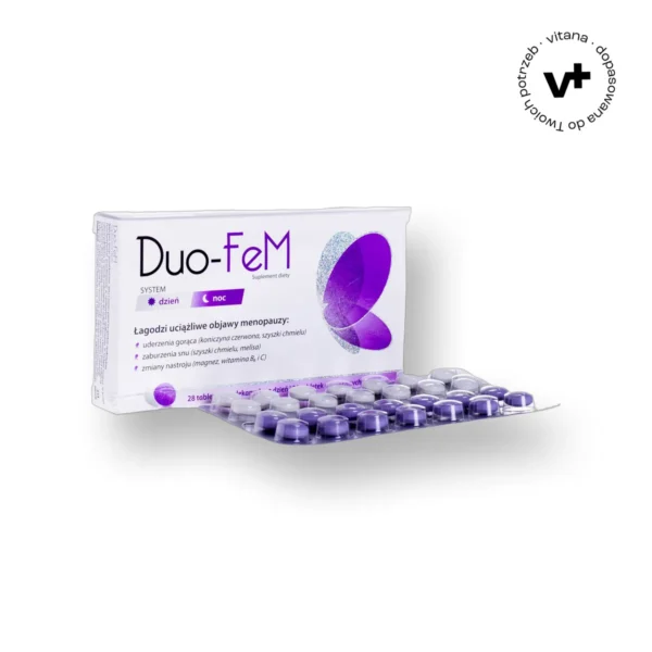 Suplement diety Duo-Fem na objawy menopauzy: 28 tabletek na dzień i 28 na noc z koniczyną czerwoną, chmielem i melisą