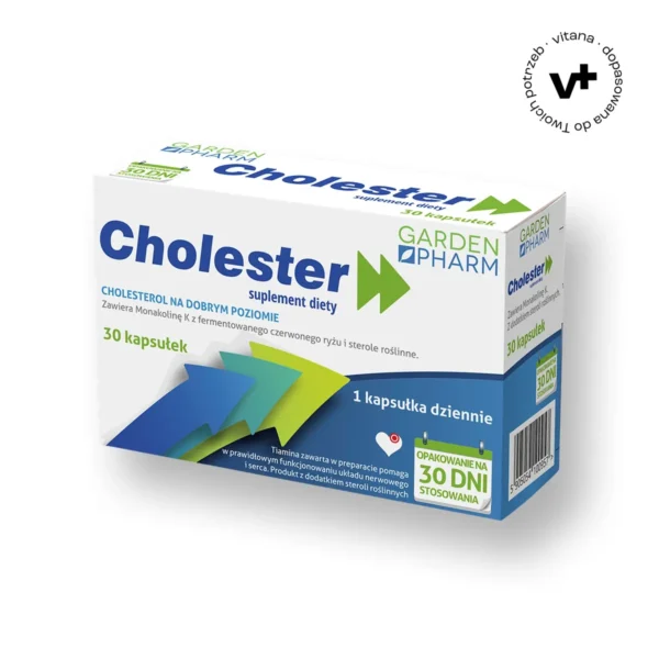 Cholester marki Gardenpharm - suplement diety w formie 30 kapsułek, wspierający utrzymanie prawidłowego poziomu cholesterolu dzięki monakolinie K i fitosterolom roślinnym