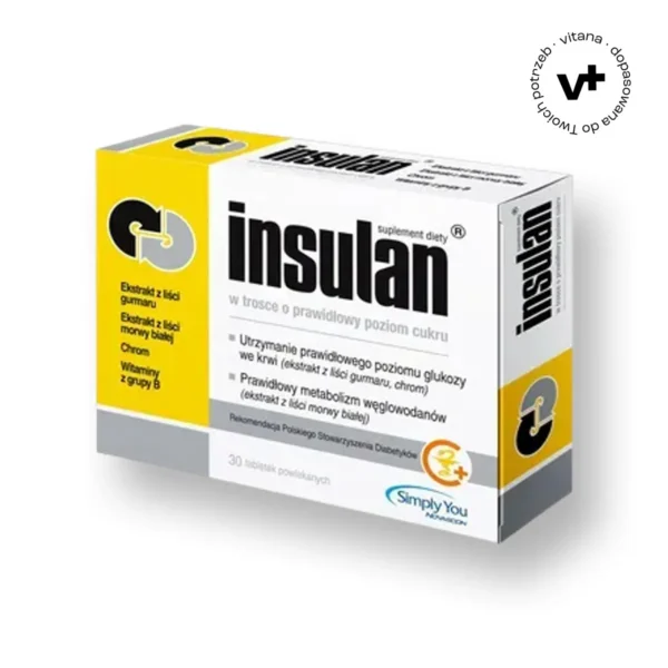 Insulan - suplement diety z ekstraktem z gurmaru i morwy białej, 30 tabletek powlekanych, wspierający utrzymanie prawidłowego poziomu glukozy we krwi.
