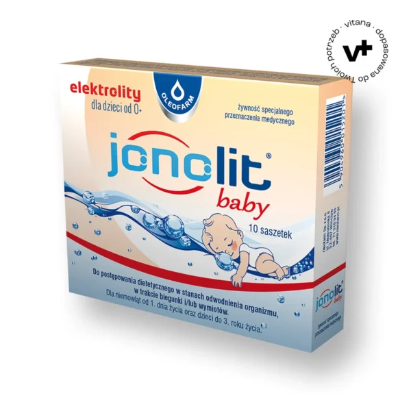 Jonolit Baby – 10 saszetek z proszkiem do przygotowania doustnego płynu nawadniającego dla niemowląt i dzieci do 3 lat w przypadku biegunki i wymiotów