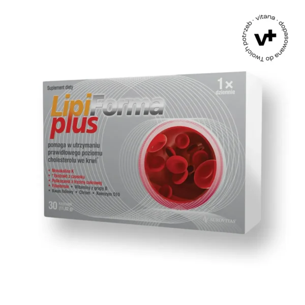 LipiForma Plus, 30 kapsułek - suplement diety z monakoliną K z fermentowanego czerwonego ryżu wspierający utrzymanie prawidłowego poziomu cholesterolu.