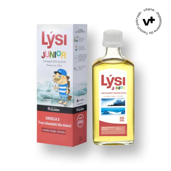 Lysi Tran Islandzki Junior dla dzieci od 6. miesiąca życia, o smaku mango-limonka, 240 ml – wsparcie odporności i rozwoju mózgu.