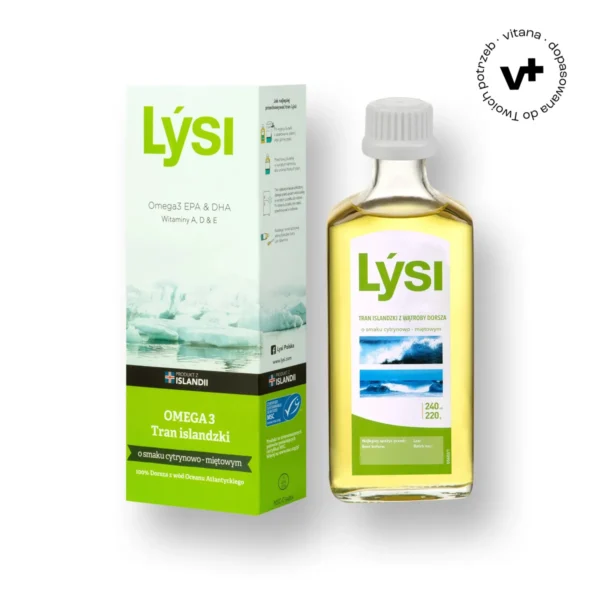 Tran islandzki o smaku cytrynowo-miętowym marki Lysi – olej z wątroby dorsza wspierający odporność, wzrok i pracę serca, 240 ml