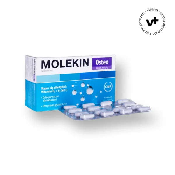 molekin-osteo-wapn-witamina-d3-k2-mk7-60-tabletek Molekin Osteo - suplement diety z wapniem z alg morskich, witaminą D3 i K2-MK7 wspierający gęstość kości u kobiet po menopauzie, 60 tabletek powlekanych