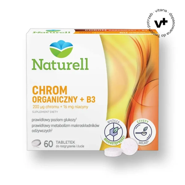 Naturell Chrom Organiczny + B3, 60 tabletek do ssania - suplement diety wspierający utrzymanie prawidłowego poziomu glukozy we krwi i metabolizm energetyczny