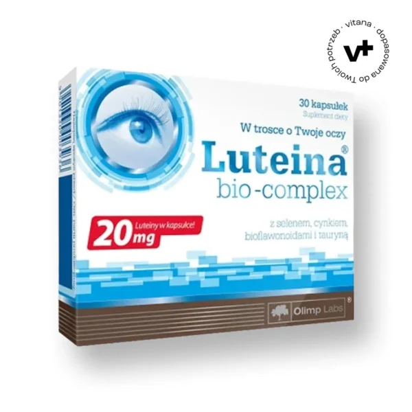 Olimp Luteina Bio-Complex, 30 kapsułek z 20 mg naturalnej luteiny – suplement diety wspierający prawidłowe widzenie i ochronę oczu.