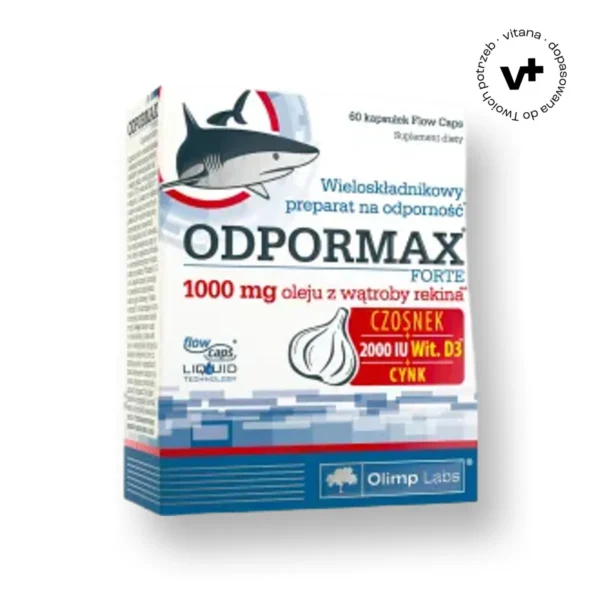 Olimp Odpormax Forte - suplement diety z olejem z wątroby rekina, witaminami A, D, E, cynkiem i ekstraktem czosnku, wspierający odporność i ochronę przed stresem oksydacyjnym, 60 kapsułek