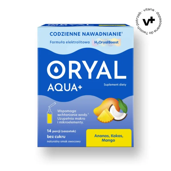 Oryal Aqua+ Ananas, Kokos, Mango - proszek do rozpuszczania wspierający nawodnienie i uzupełnienie elektrolitów