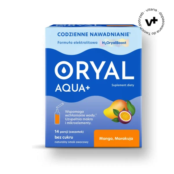 Oryal Aqua+ Mango Marakuja - 14 saszetek z elektrolitami i prebiotykiem dla skutecznego nawadniania organizmu