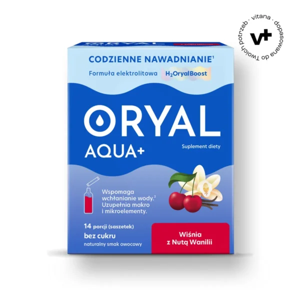 Oryal Aqua+ Wiśnia z nutą wanilii - suplement diety w saszetkach wspierający optymalne nawodnienie i zdrowie jelit