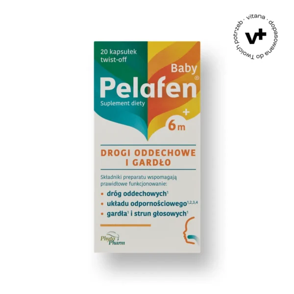 Pelafen Baby 6m+ – kapsułki twist-off o smaku owocowym dla dzieci, wspierające odporność i ochronę gardła, 20 kapsułek