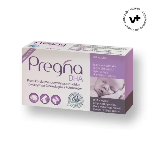 Pregna DHA - suplement diety dla kobiet w ciąży i karmiących piersią, zawierający 300 mg DHA w kapsułce, wspierający prawidłowy rozwój mózgu i wzroku dziecka