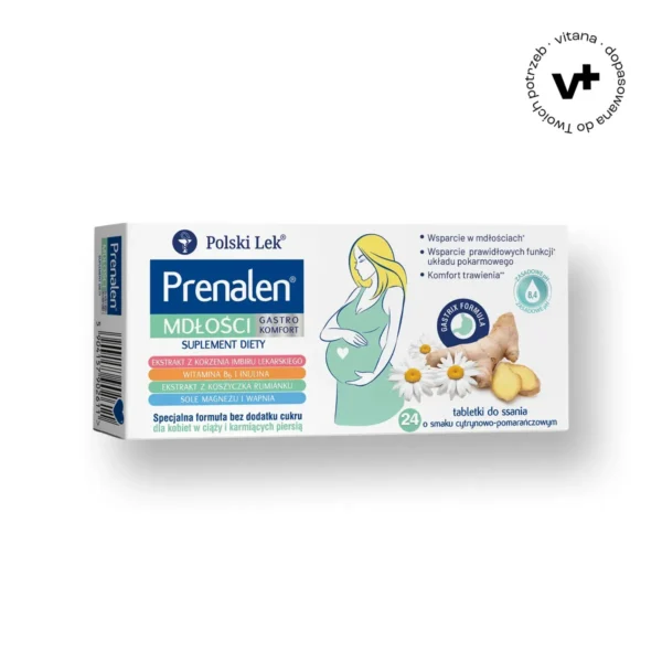 Prenalen Mdłości Gastro Komfort o smaku cytrynowo-pomarańczowym, 24 tabletki do ssania – suplement diety wspomagający redukcję mdłości i wsparcie trawienia w ciąży