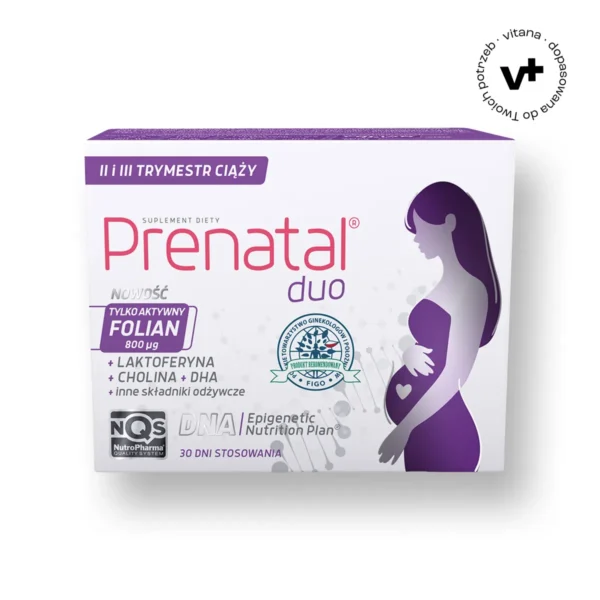 Prenatal Duo – suplement diety w formie 30 kapsułek twardych i 60 kapsułek żelowych z aktywnymi folianami i DHA, wspierający rozwój płodu w II i III trymestrze ciąży