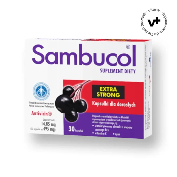 Sambucol Extra Strong, 30 kapsułek – suplement diety z ekstraktem z bzu czarnego, witaminą C i cynkiem wspierający odporność dla dorosłych