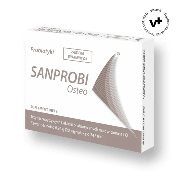 Sanprobi Osteo, 20 kapsułek – suplement diety z witaminą D3 i probiotykami dla wsparcia odporności oraz zdrowia kości i zębów