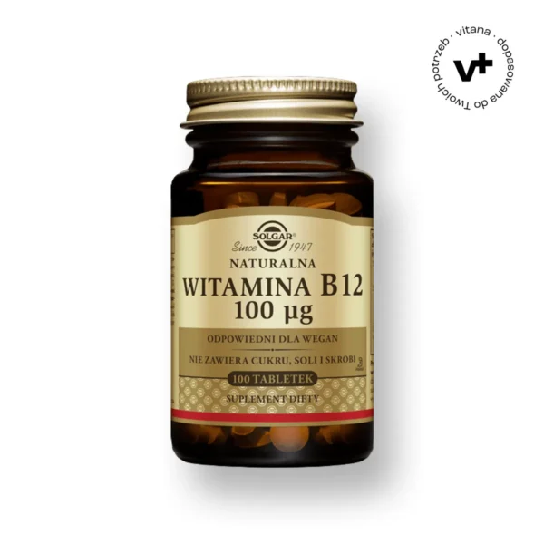 Solgar Naturalna Witamina B12 100 mcg, 100 tabletek - wsparcie układu nerwowego, produkcja czerwonych krwinek i metabolizm energetyczny