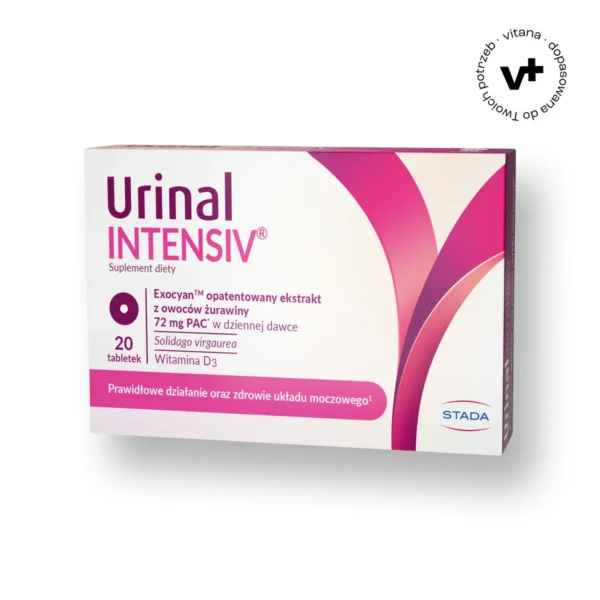 Urinal Intensiv, 20 tabletek - suplement diety z ekstraktem z żurawiny Exocyan™ i witaminą D, wspierający drogi moczowe i odporność.