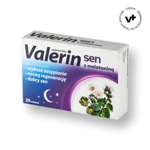 Valerin Sen z Melatoniną, 20 tabletek – suplement diety wspierający zdrowy sen i relaks wieczorem