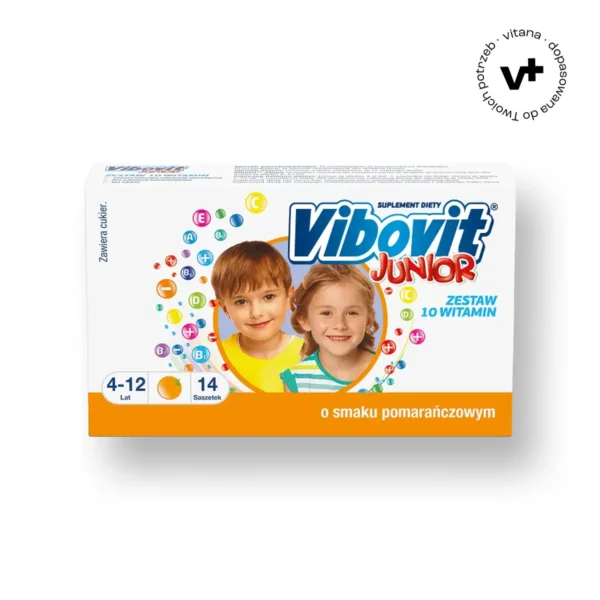 Vibovit Junior o smaku pomarańczowym - 14 saszetek z proszkiem dla dzieci powyżej 4. roku życia, wspierający odporność i prawidłowy rozwój.