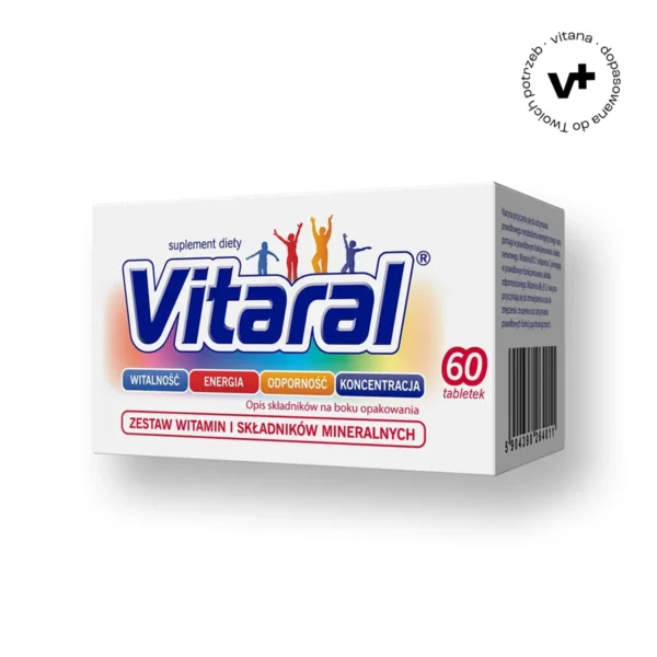 Vitaral® - multiwitamina dla dorosłych, 60 tabletek. Suplement diety zawierający 11 witamin i 8 minerałów wspierających odporność, metabolizm energetyczny i funkcje nerwowe.