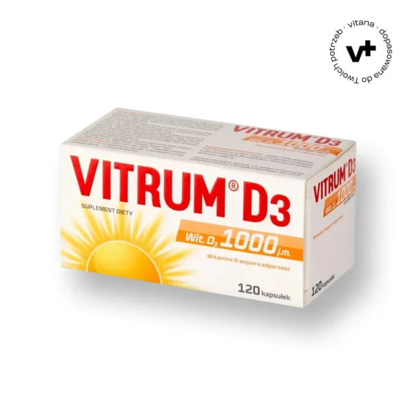 Vitrum D3 1000 j.m., 120 kapsułek – suplement diety z witaminą D w formie kapsułek, wspierający zdrowie kości i układ odpornościowy.