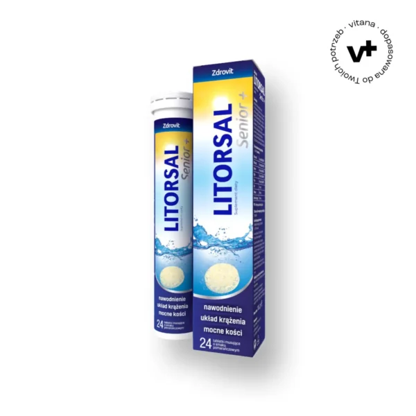 Zdrovit Litorsal Senior+ w smaku pomarańczowym, 24 tabletki musujące – suplement diety z elektrolitami, witaminą D i C oraz ekstraktem z głogu dla dorosłych do 75 lat, wspierający równowagę elektrolitową i funkcje mięśniowe.