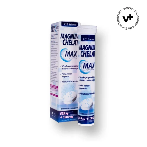 Zdrovit Magnum Chelat Max - 20 tabletek musujących o smaku cytrynowym, wysoko przyswajalny magnez z witaminą B6 wspierający układ nerwowy i redukcję zmęczenia
