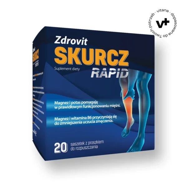 Zdrovit Skurcz Rapid - 20 saszetek z proszkiem zawierającym magnez, witaminę B6, potas i witaminę E, wspierający układ nerwowy i mięśnie