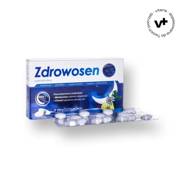 Zdrowosen+ - suplement diety z melatoniną, męczennicą i chmielem wspierający zdrowy sen i redukcję stresu, 28 tabletek powlekanych